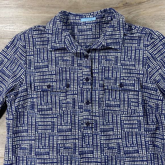 J McLaughlin Large Lawrence Blue Collared Catalina Cloth Geometric Shirt Dress - Picture 6 of 14